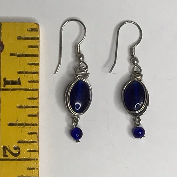 Blue Earrings Wire Pierced Artisan Made Dangle - Picture 3 of 6